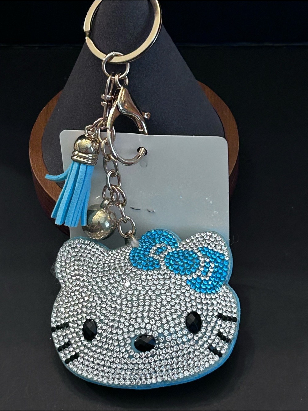 Hello Kitty Gold-Tone Blue & Clear Rhinestone Bag Charm Keychain w/Tassel NWT